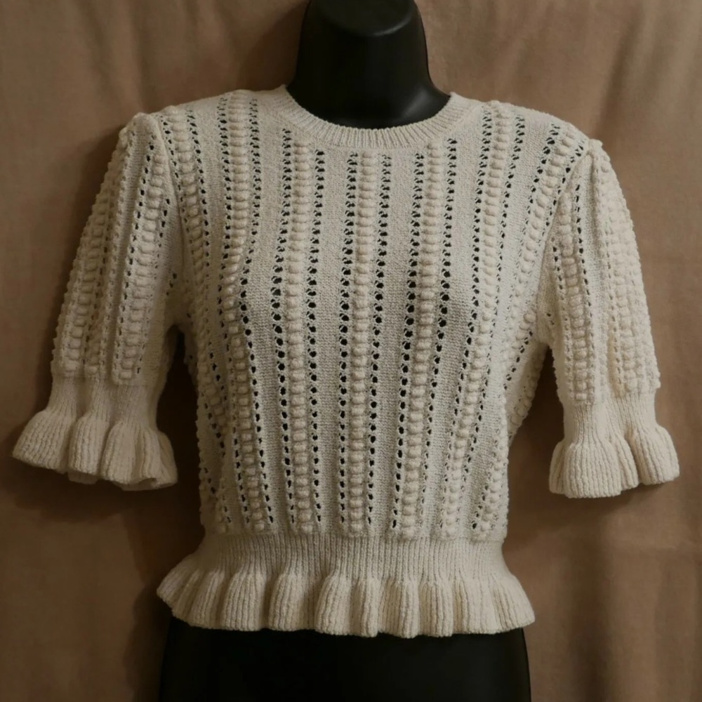 ZARA Open Knit Ruffle Peplum Sweater Top Ivory Size M